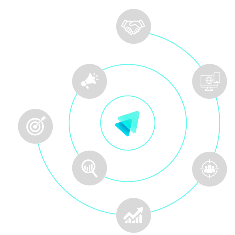 อินโฟกราฟิกวงกลมซ้อนแสดงแนวคิด “Performance with Purpose” พร้อมไอคอนสื่อถึงกลยุทธ์ การตลาด การวิเคราะห์ การเติบโต และเทคโนโลยีดิจิทัล